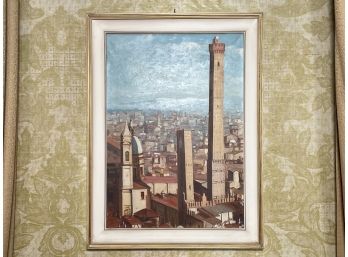 Vintage Oil On Canvas Dated 1962 Garisenda And Degli Asinelli In Bologna, Italy
