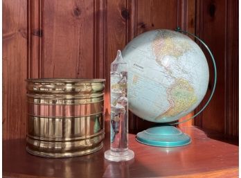 A Globe, Planter And Glass Thermometer