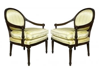 A Pair Of Vintage Louis XVI Style Upholstered Armchairs In Moire Silk
