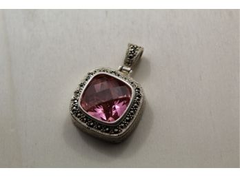 Sterling Silver Marcasite Large Pink Stone Pendant