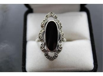 Sterling Silver Onyx Marcasite Ring Size 8