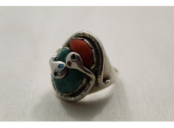 Sterling Silver Effie Calavaza Zuni Snake Turquoise Coral Ring