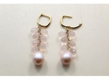 14k Yellow Gold Pink Gemstone Pearl Earrings