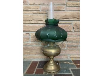Antique Oil Lamp With Green Glass Shade Converted To Electric