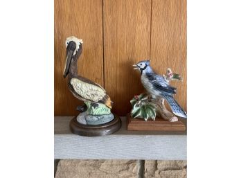 Pair Of Porcelain Birds W/ Wooden Stands