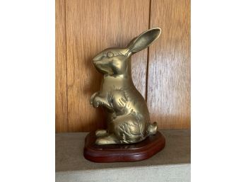 Vintage Brass Bunny Rabbit Sitting On A Wooden Stand