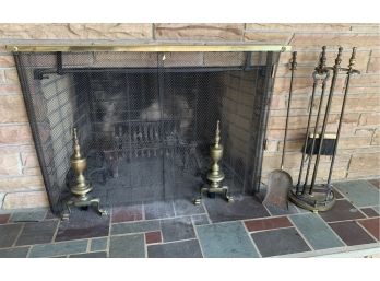 Vintage Flexscreen Fireplace Fire Screen W/ Fireplace Tools & Andirons