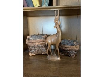 Wooden Carved Antelope Figure W/ A Pair Of Woven Baskets