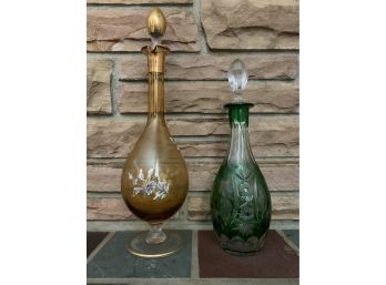 Pair Of Vintage Colored Decanters - Cut Away Glass Design