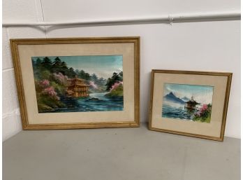Vintage Silk? Woven Pair Of Japanese Nature Styled Artwork - Framed By Merwins In New Haven CT