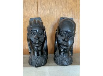Vintage Pair Of  Carved Wood  African Tribal Head Bookends