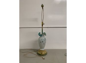 Vintage Hand Painted Cased Glass Lamp With Blue Ruffled Top