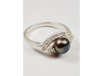 Sterling Silver Marcasite Black Synthetic Pearl  Ring