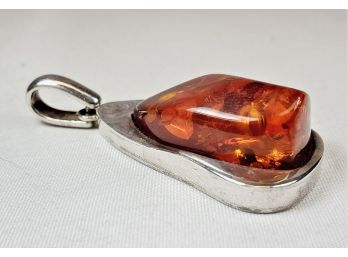 Giant Amber Sterling Silver Pendant (lots Of Fossils)