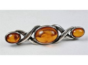Unique Sterling Silver And 3 Stone Amber Pin
