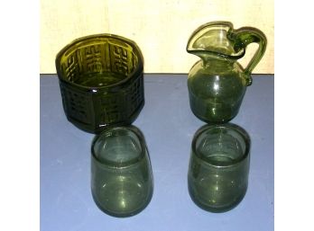 4 Pc Green Glass: Planter, Pitcher, Pair Of Tumblers Or Candle Holders