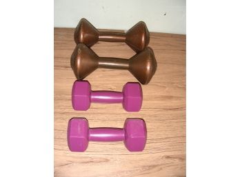 Two Sets Of Hand Weights: Brown Pair Is 5 Lb. Each
