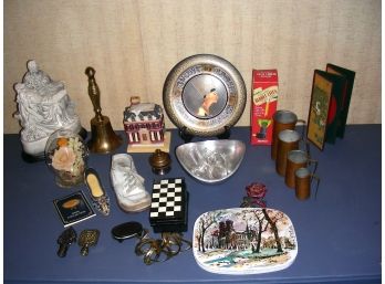 Miscellaneous Lot: Child's Shoe, Napkin Rings, Bell, Lamp Finials And More