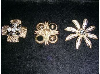 Costume Jewelry (3L): Three Black And Gold-tone Pins, One Marked St. John