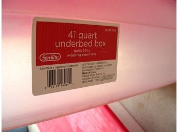 Two Plastic Sterilite Under Bed Storage Boxes - 41 Quart Capacity, Red Lids