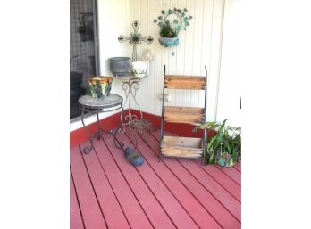 Patio Lot E: Table, Boot Scrape, Crosses, Wood Plant Stand And More
