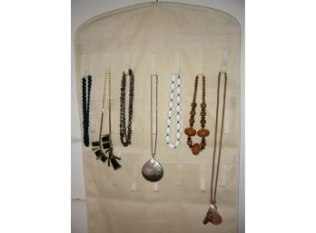 Costume Jewelry: 7 Necklaces And Cloth Jewelry Holder