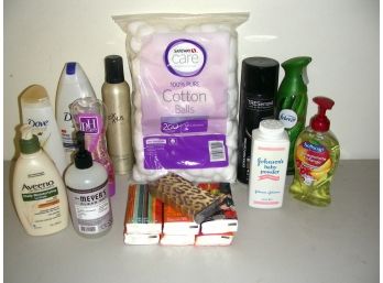 Lot: Toiletries, Etc. - Cotton Balls, Tissues, Body Wash, Soap, Powder, And More