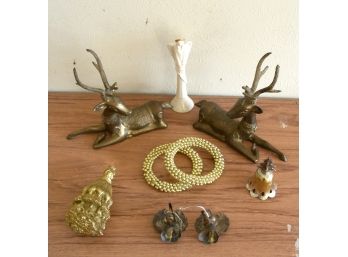 Lot Of 9 Christmas Decorations Including Pair Of Brass Reindeer, Bell And More