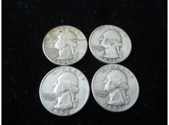 4 - U.S. Washington Silver Quarters, 90 Silver,  1950, 51, 52, 57 Set