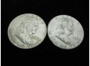 1963 P U.S Ben Franklin Silver Half Dollar, 2 Coins, Lot 1