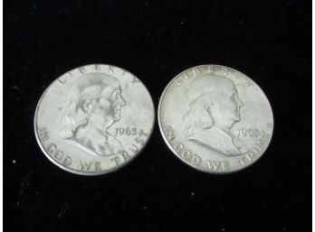 1963 P U.S Ben Franklin Silver Half Dollar, 2 Coins, Lot 3
