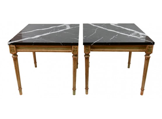 Pair Of Appian Supply Co. Italian Marble Top Hand Painted Wood End Tables