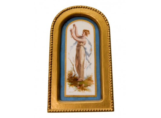Beautiful Porcelain Hand Painted Framed Plaque Depicting A Woman Gazing At A Gold Beaded Necklace