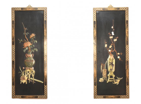 Pair Of Vintage Chinese Jade Black Lacquer Pictorial Panels