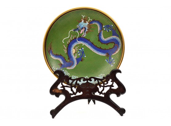 Chinese Cloisonne  And Gilt Brass Dragon Plate On Carved Wooden Stand