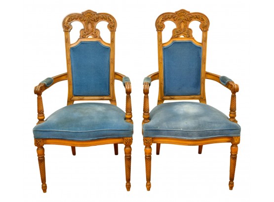 Pair Of High Back Carved Wood Antique Upholstered Arm Chairs