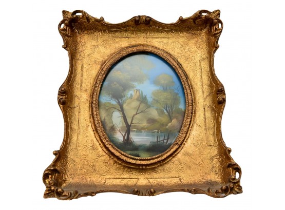 Antique Oil Painting Of A Landscape In A Gilt Wood Frame