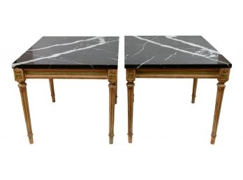 Pair Of Appian Supply Co. Italian Marble Top Hand Painted Wood End Tables