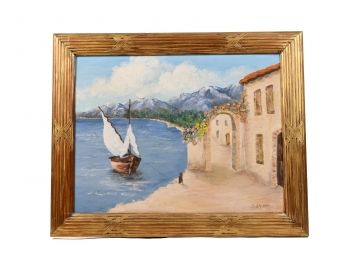 Signed 'Sultana' Oil On Canvas Painting Of A Water Scene With Sailboat