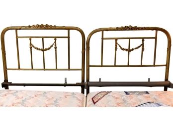 Pair Of Vintage Twin Size Brass Headboards With Floral Swags