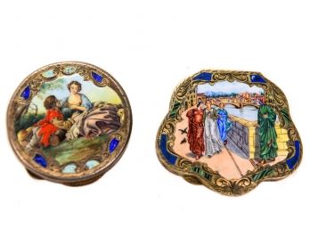 Pair Of 800 Silver Antique Italian Hand Painted Enamel Powder Compact Cases With Gold Vermeil