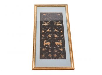 Antique Framed Embroidered Art Featuring Deer And Birds