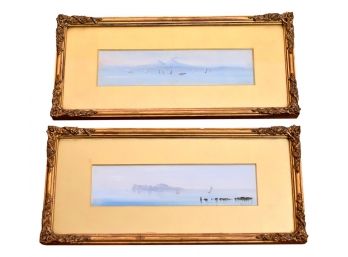 Pair Of Signed Antique Mixed Media Paintings Of A Water Scene