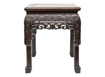 Antique Carved Wood Inlaid Marble Top End Table With Ball And Claw Feet