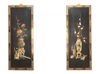 Pair Of Vintage Chinese Jade Black Lacquer Pictorial Panels
