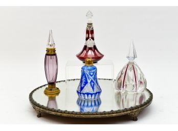 Collection Of French Perfume Bottles With Footed Mirrored Vanity Tray