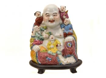 Chinese Porcelain Laughing Buddha And Five Children On Wooden Stand