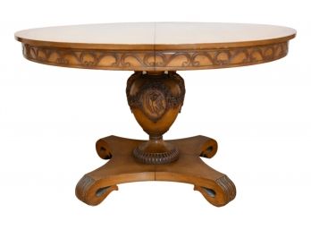 Carved Pecan Wood Pedestal Dining Room Table Featuring Urn Style Base With Carved Figurals