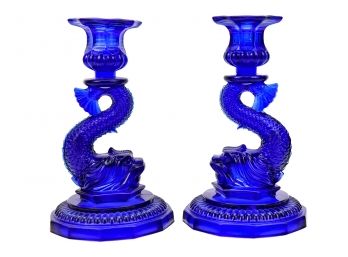 Pair Of Cobalt Blue Dolphin/Koi Candlestick Holders