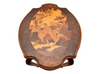 Antique Carved Wood Table With Marquetry Top Depicting A Courting Scene